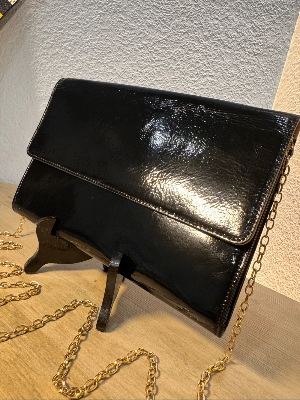 Halogen Black Patent Leather Wallet Clutch Crossbody Gold Chain Envelope Bag